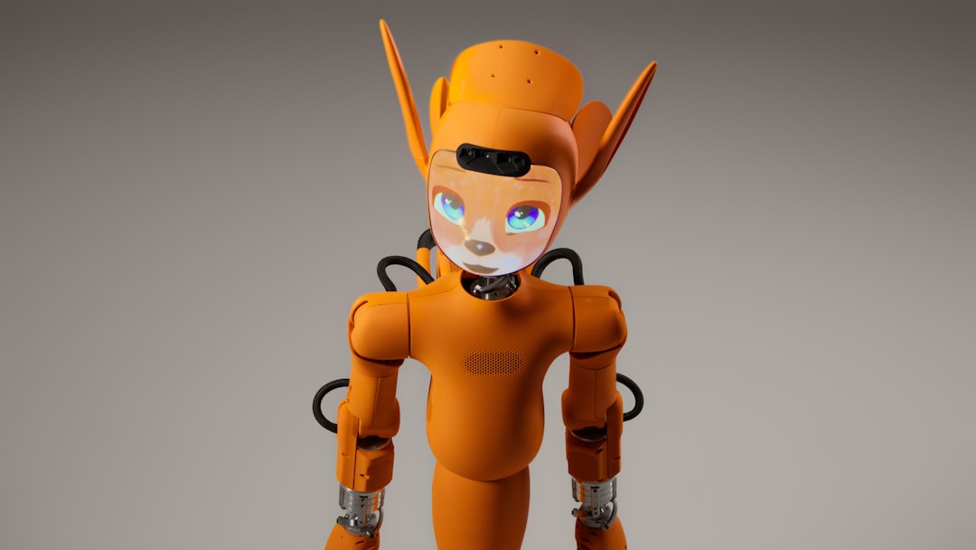 An orange robot with large ears and glowing eyes.